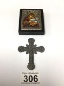 A CONTINENTAL SILVER CROSS WITH A SILVER GREEK ICON