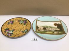 TWO HAND-PAINTED PLATES ONE WITH ORIENTAL CHARACTER MARKS TO BASE DECORATED WITH FLOWERS AND THE