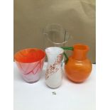 FOUR PIECES OF GLASSWARE INCLUDING TWO ART GLASS VASES, A SCHNEIDER STYLED TANGO ORANGE WATER JUG,