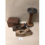 TWO VINTAGE WOODEN PLANES TOGETHER WITH A WOODEN SPOOL AND WOODEN ALMS BOX WITH HANDLE LARGEST BEING