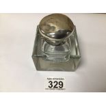 A HALLMARKED SILVER TOPPED SQUARE GLASS INKWELL 1920 BY JOHN GRINSELL AND SONS