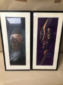 TWO FRAMED AND GLAZED PICTURES OF FIGURES ONE INDISTINCTLY SIGNED 27CM X 57CM