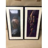 TWO FRAMED AND GLAZED PICTURES OF FIGURES ONE INDISTINCTLY SIGNED 27CM X 57CM