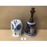 A DAVID SHARP RYE POTTERY OWL MONEY BOX TOGETHER WITH A GOEBEL FIRST EDITION STONEWARE BELL