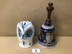 A DAVID SHARP RYE POTTERY OWL MONEY BOX TOGETHER WITH A GOEBEL FIRST EDITION STONEWARE BELL