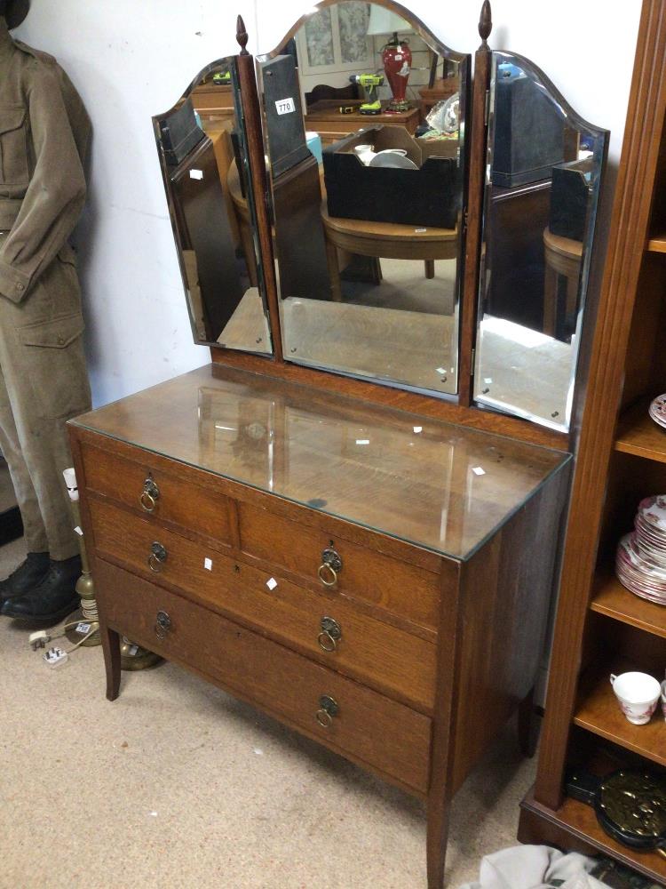 A VINTAGE OAK TWO OVER TWO DRESSING TABLE WITH TRIPLE MIRROR