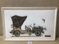 A FRAMED PICTURE OF A 1901 MERCEDES MADE FROM BIT AND PIECES, THIMBLE, SAFETY PIN AND MORE, 53 X