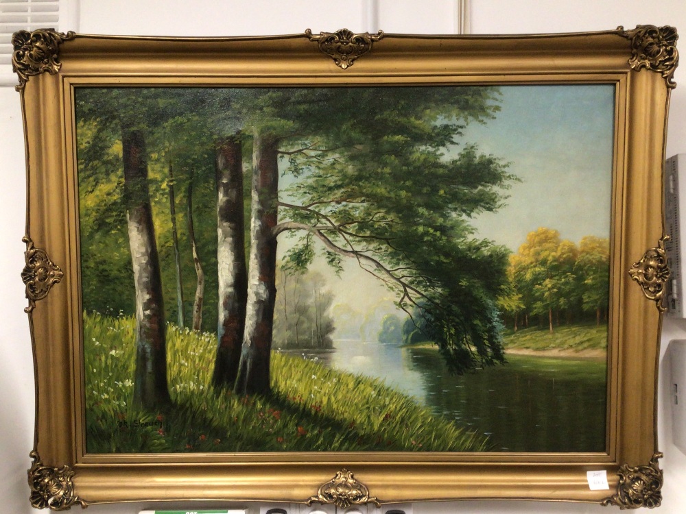 ORS STRAUCH, FRAMED OIL ON CANVAS, GILDED FRAME, RIVER SCENE, 120 X 88CM