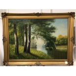 ORS STRAUCH, FRAMED OIL ON CANVAS, GILDED FRAME, RIVER SCENE, 120 X 88CM