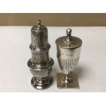 TWO HALLMARKED SILVER PEPPER POTS 1919, 1959, 89 GRAMS, LARGEST 9CM