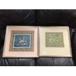TWO FRAMED AND GLAZED ORIENTAL SILK PICTURES, LARGEST 42 X 41CM