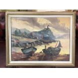 AN UNSIGNED FRAMED OIL ON CANVAS OF A FISHING BOAT SCENE 82 X 65CM