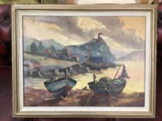 AN UNSIGNED FRAMED OIL ON CANVAS OF A FISHING BOAT SCENE 82 X 65CM