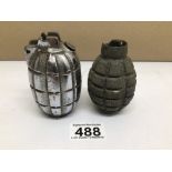 WWI 'MILLS BOMB' HAND GRENADE PAINTED SILVER PLUS A SIMILAR, OLDER MODEL (BOTH INERT)
