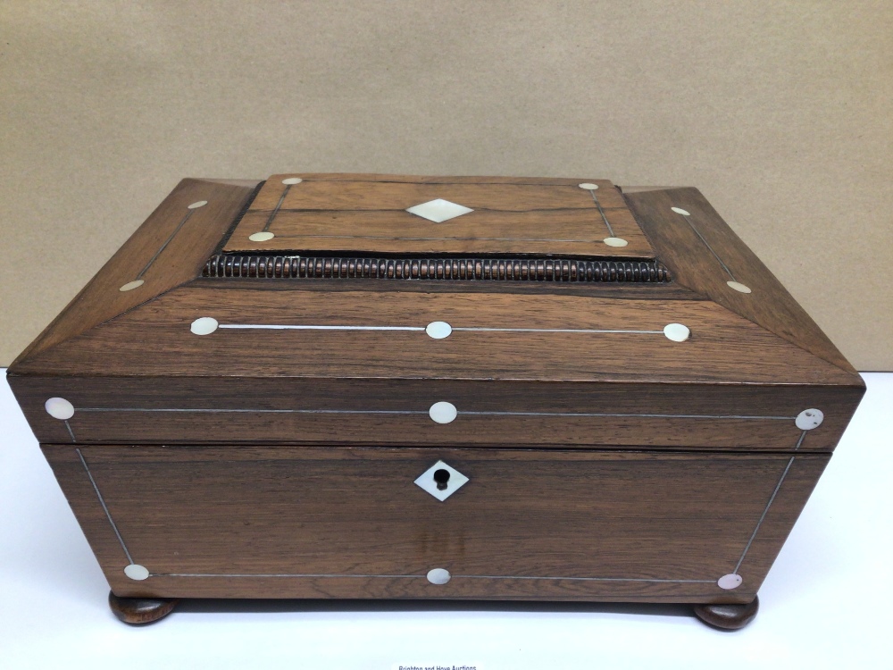 A ROSEWOOD WITH MOTHER OF PEARL INLAY WORKBOX/SEWING ON BUNG FEET WITH FITTED INTERIOR - Image 2 of 4