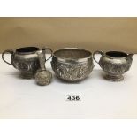 FOUR PIECES OF MIDDLE EASTERN WHITE METAL ALL HIGHLY EMBOSSED