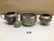 FOUR PIECES OF MIDDLE EASTERN WHITE METAL ALL HIGHLY EMBOSSED