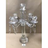 A VILLEROY AND BOCH RETRO STYLED TRANSPARENT GLASS FIVE BRANCHED CANDELABRA 43CM IN HEIGHT