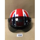 A BM UNION JACK BIKING HELMET WITH BLACK TINTED VISOR, SIZE M (58CM)