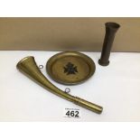 THREE BRASS MILITARY RELATED ITEMS, HORN ASHTRAY AND SHELL