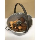 A LARGE HANDLED POT, TOGETHER WITH MINIATURE COPPER KITCHENWARE, WOODEN EGG CUPS, AND MORE
