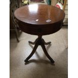 A BURR WALNUT ROUND DRUM TABLE WITH TWO DRAWERS 50 X 66CM