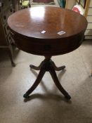A BURR WALNUT ROUND DRUM TABLE WITH TWO DRAWERS 50 X 66CM