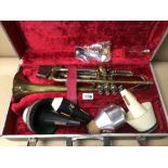 A BOOSEY AND HAWKES 606 TRUMPET IN HARD PADDED CASE WITH THREE MOUTHPIECES AND MORE
