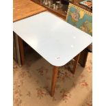 A BLUE FORMICA TOP 1960S KITCHEN TABLE, 80 X 69CM