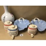 A MIXED COLLECTION OF POTTERY INCLUDES WADE SCOTCH AND GIN BARRELS, A PAIR OF FALCON WARE BLUE