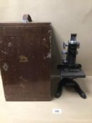 A VINTAGE MAHOGANY CASED W WATSONS & SONS LTD “SERVICE” MICROSCOPE (4449) WITH LOCK, NO KEY, LEATHER