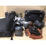 A COLLECTION OF CAMERAS AND OTHER ELECTRONICS, SOME A/F, INCLUDES OLYMPUS, NIKON AND MORE