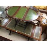 A GREEN DROP END SOFA TABLE WITH A DROP END SIDE TABLE BOTH WITH GREEN LEATHER TOPS, LARGEST 96 X 50