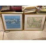 A QUANTITY OF MAPS MOST OF WHICH ARE UNFRAMED WITH A YACHTING FRAMED AND GLAZED PRINT