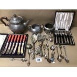 A COLLECTION OF WHITE METAL AND SILVER PLATED FLATWARE AND DISH WARE, INCLUDES TWO CASED, WITH