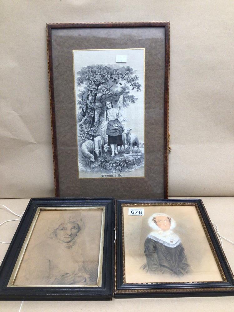 TWO 19TH CENTURY PENCIL DRAWINGS BOTH FRAMED AND GLAZED, 26 X 22CM WITH PRINT JEHANNE 'D' ARE