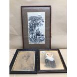 TWO 19TH CENTURY PENCIL DRAWINGS BOTH FRAMED AND GLAZED, 26 X 22CM WITH PRINT JEHANNE 'D' ARE