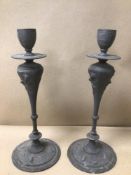 A PAIR OF PEWTER CANDLE HOLDERS ENGRAVED BT 51 TO BASE 25CM IN HEIGHT