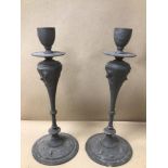 A PAIR OF PEWTER CANDLE HOLDERS ENGRAVED BT 51 TO BASE 25CM IN HEIGHT