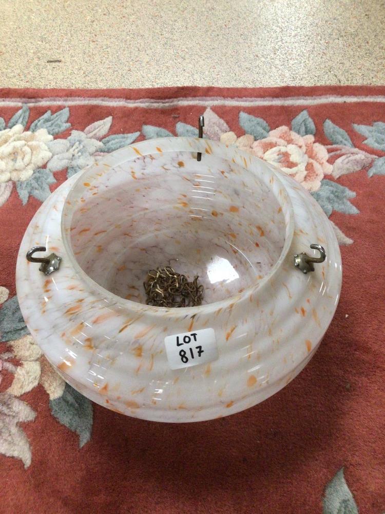 A VINTAGE MOTTLED GLASS SHADE WITH CHAINS 32CM