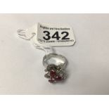 A 14 CARAT WHITE GOLD RING SET WITH DIAMONDS AND GARNETS SIZE M