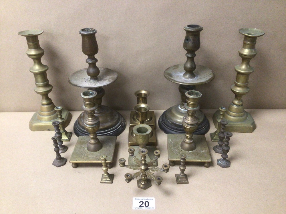 A COLLECTION OF BRASS CANDLESTICKS, INCLUDES A WEBA WARE MINIATURE CANDELABRA LARGEST BEING 25CM