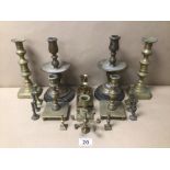 A COLLECTION OF BRASS CANDLESTICKS, INCLUDES A WEBA WARE MINIATURE CANDELABRA LARGEST BEING 25CM