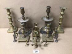 A COLLECTION OF BRASS CANDLESTICKS, INCLUDES A WEBA WARE MINIATURE CANDELABRA LARGEST BEING 25CM