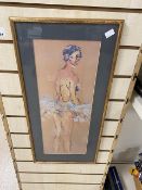 SIGNED FRAMED AND GLAZED CHALK AND PENCIL DRAWING OF A BALLERINA 66 X 32 CM