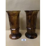 A PAIR OF ART DECO GEORGE DAVIDSON AMBER CLOUD GLASS ‘COLUMN’ VASE 26CM IN HEIGHT