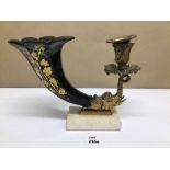A BACCARAT STYLE BRASS AND GLASS CORNUCOPIA ON MARBLE BASE