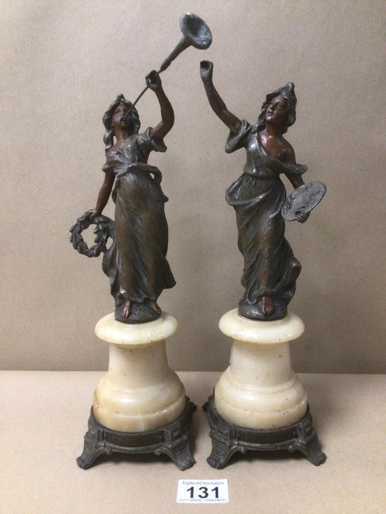 A PAIR OF SPELTER FIGURES ON A MARBLE BASE LA'MUSIQUE, LA PEINTURE, 32CM