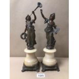 A PAIR OF SPELTER FIGURES ON A MARBLE BASE LA'MUSIQUE, LA PEINTURE, 32CM