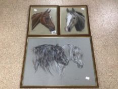 THREE FRAMED AND GLAZED WATERCOLOURS, LESLIE BENESON AND TWO BY SHARON TONG. ALL STUDIES OF HORSES